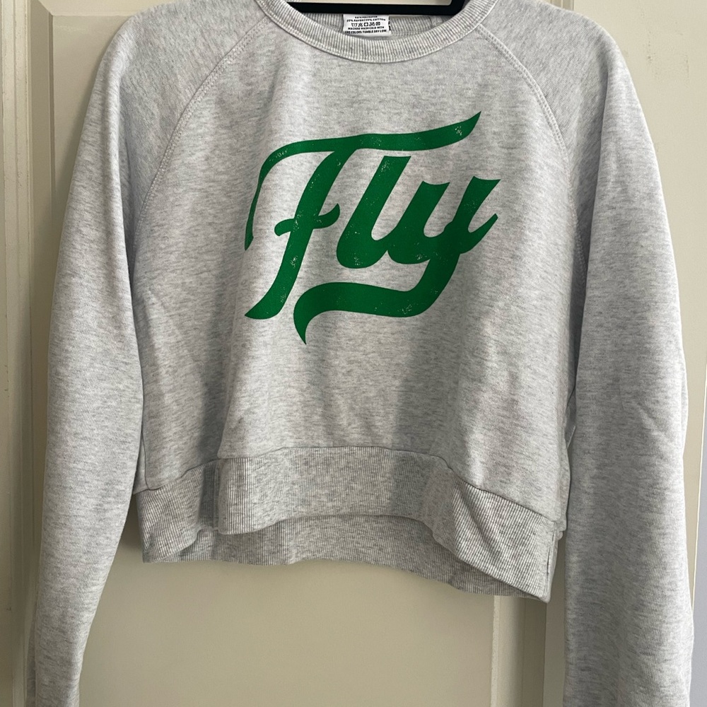 Gray Sweatshirt with Green 'Fly' Print